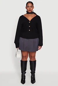 Womens Plus Size Lace Up Back V-Neck Sweater with Buttons, Black, Size 1X