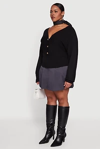 Plus Lace Up Back V-Neck Sweater with Buttons