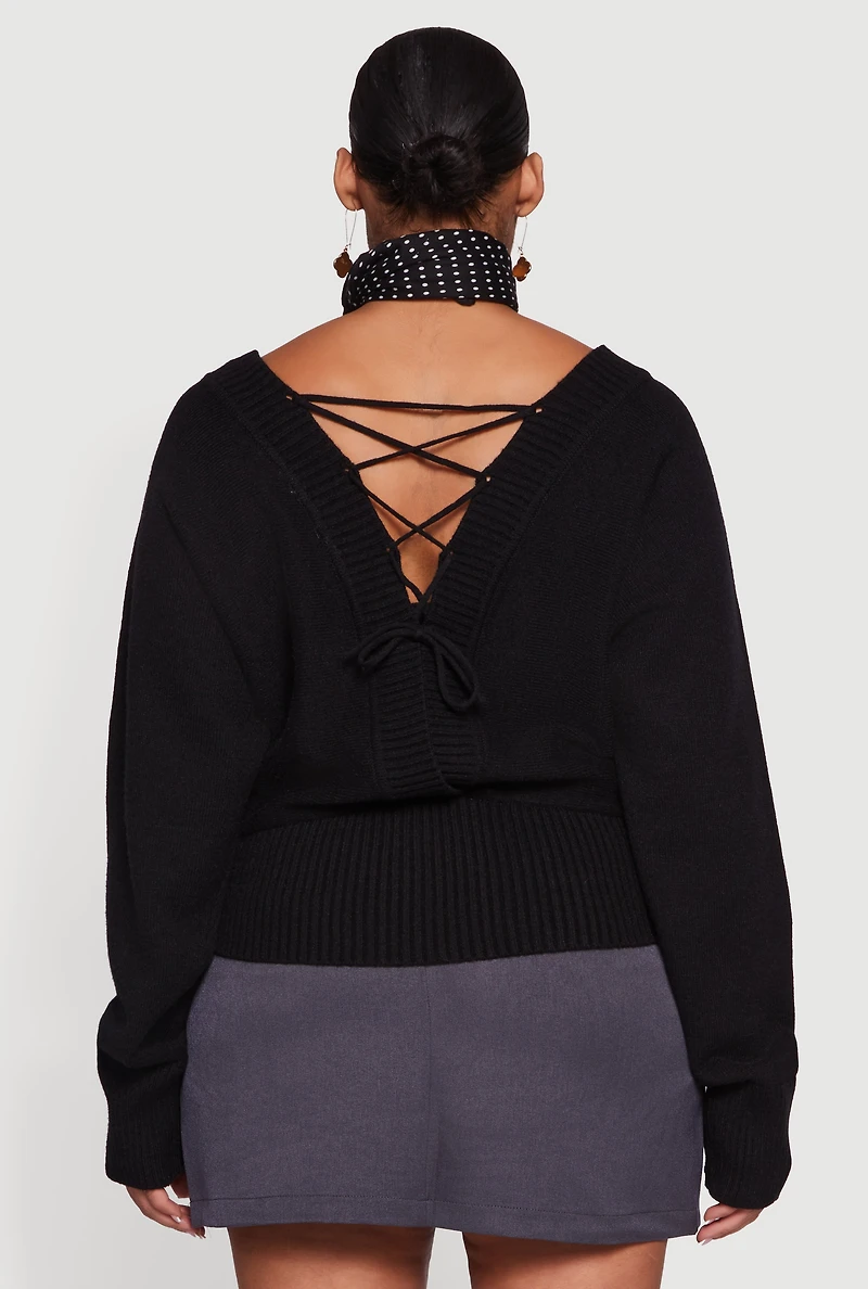 Womens Plus Size Lace Up Back V-Neck Sweater with Buttons, Black, Size 1X