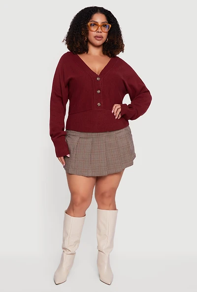 Womens Plus Lace Up Back V-Neck Sweater with Buttons, 3X