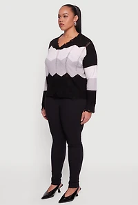 Plus Color Block Chevron Frayed Pointelle Sweater
