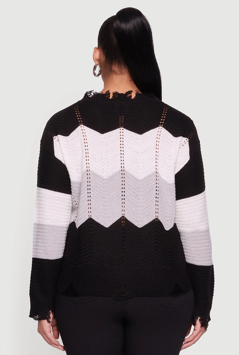 Plus Color Block Chevron Frayed Pointelle Sweater