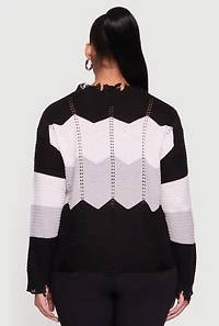 Plus Color Block Chevron Frayed Pointelle Sweater