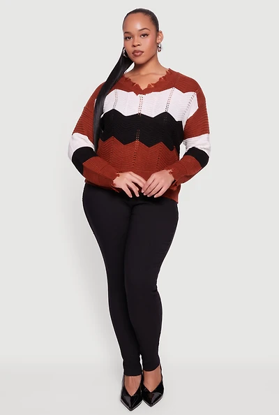 Plus Color Block Chevron Frayed Pointelle Sweater