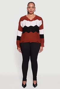 Plus Color Block Chevron Frayed Pointelle Sweater