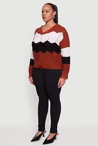 Plus Color Block Chevron Frayed Pointelle Sweater