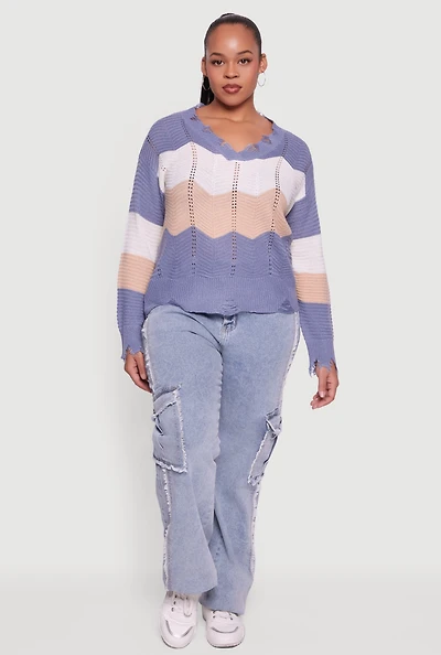 Womens Plus Color Block Chevron Frayed Pointelle Sweater,