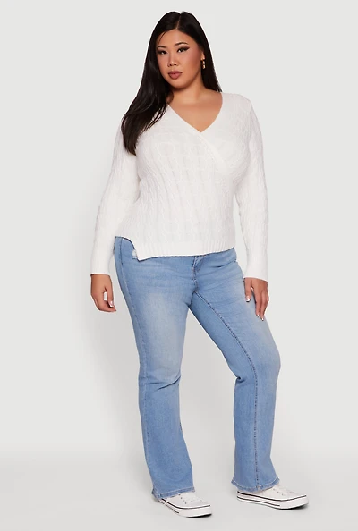 Womens Plus Size Cable Knit Faux Wrap Sweater, White, Size 3X