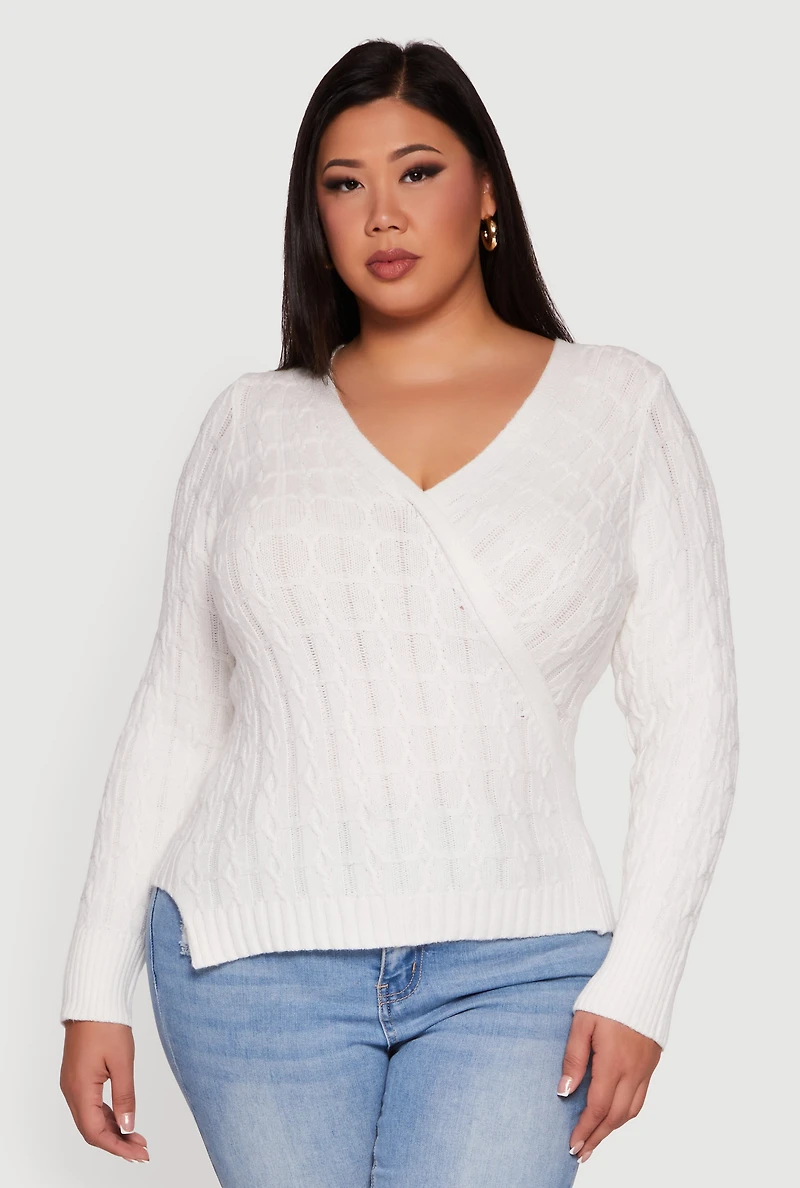 Womens Plus Size Cable Knit Faux Wrap Sweater, White, Size 3X