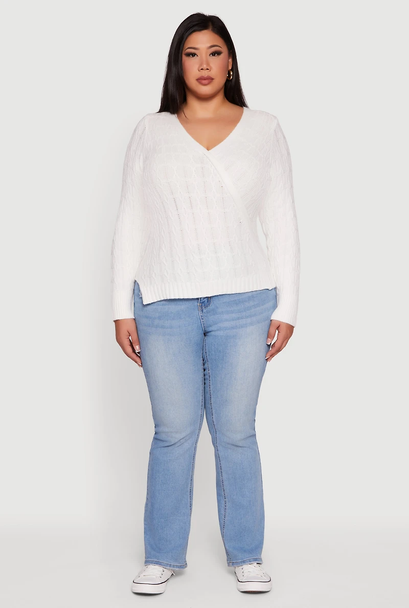 Womens Plus Size Cable Knit Faux Wrap Sweater, White, Size 3X
