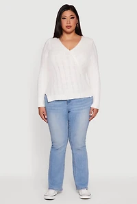 Womens Plus Size Cable Knit Faux Wrap Sweater, White, Size 3X