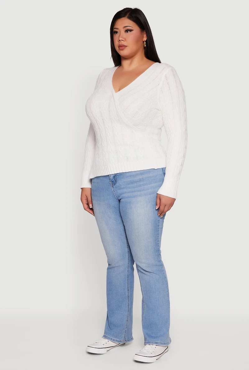 Womens Plus Size Cable Knit Faux Wrap Sweater, White, Size 3X