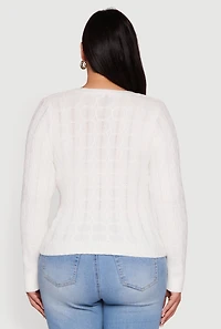 Womens Plus Size Cable Knit Faux Wrap Sweater, White, Size 3X