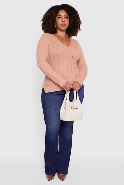 Womens Plus Size Cable Knit Faux Wrap Sweater, Beige, Size 3X