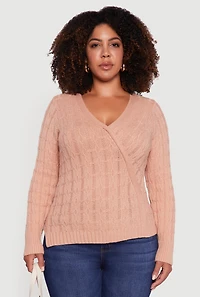 Womens Plus Size Cable Knit Faux Wrap Sweater, Beige, Size 3X