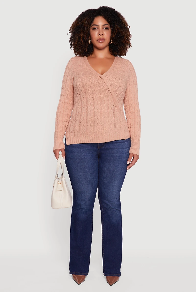 Womens Plus Size Cable Knit Faux Wrap Sweater, Beige, Size 3X