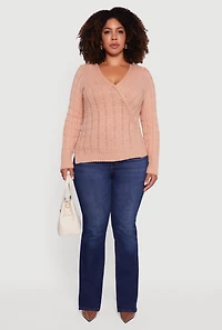 Womens Plus Size Cable Knit Faux Wrap Sweater, Beige, Size 3X