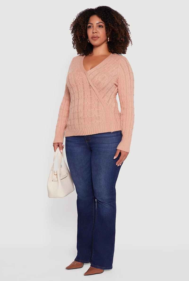 Womens Plus Size Cable Knit Faux Wrap Sweater, Beige, Size 3X