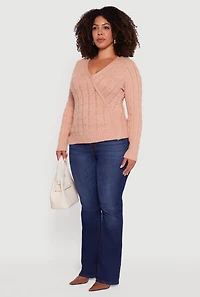 Womens Plus Size Cable Knit Faux Wrap Sweater, Beige, Size 3X