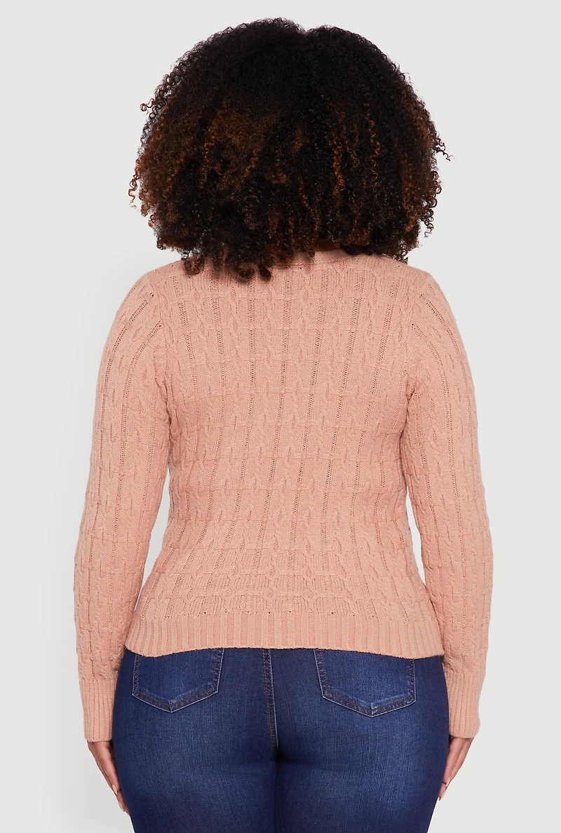 Womens Plus Cable Knit Faux Wrap Sweater,