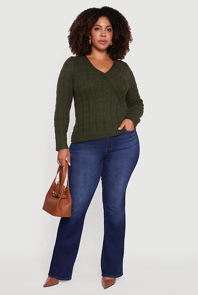 Womens Plus Cable Knit Faux Wrap Sweater, Green,
