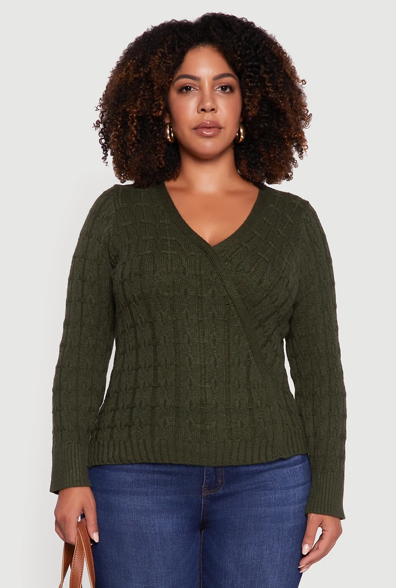 Plus Cable Knit Faux Wrap Sweater