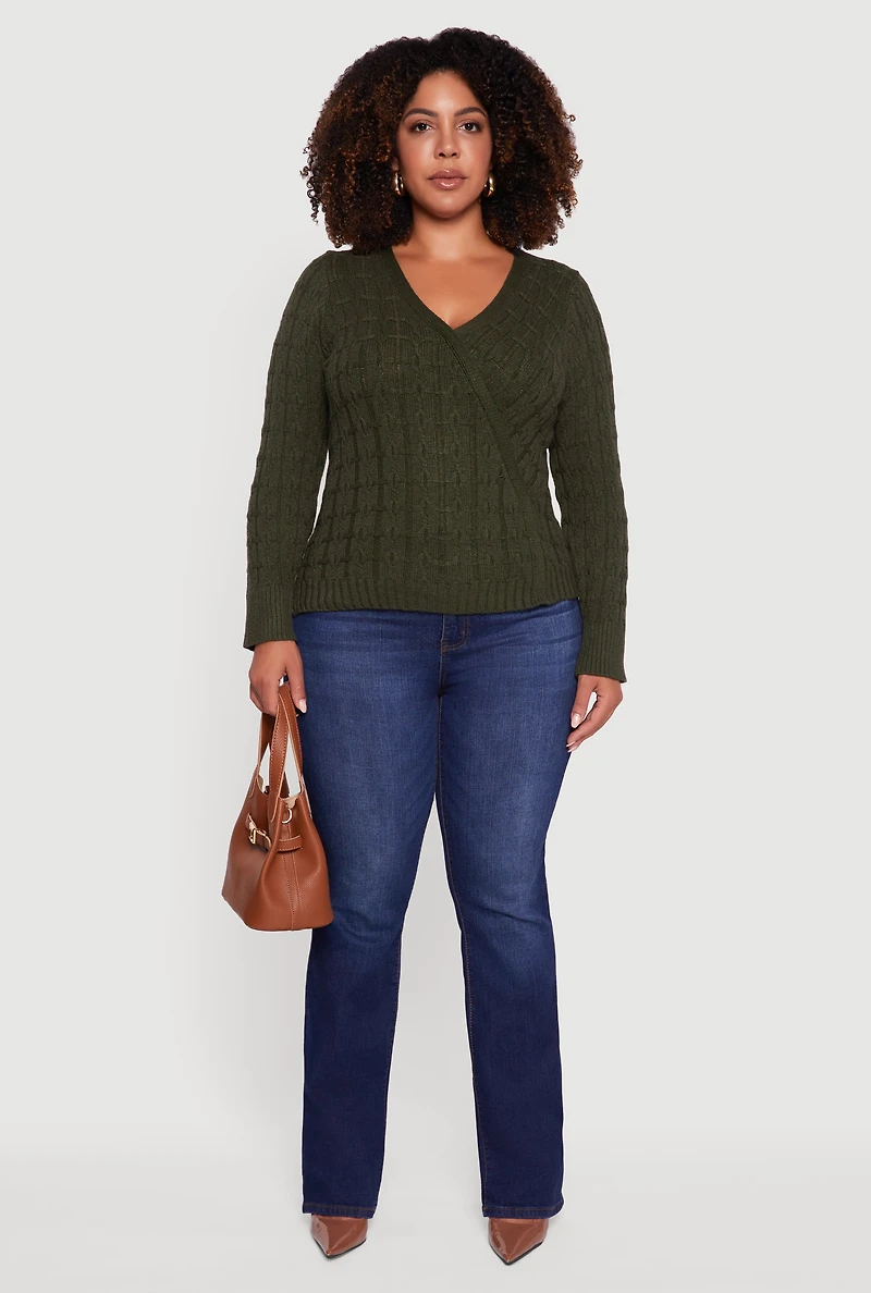 Womens Plus Cable Knit Faux Wrap Sweater, Green,