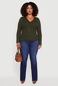 Womens Plus Cable Knit Faux Wrap Sweater, Green,