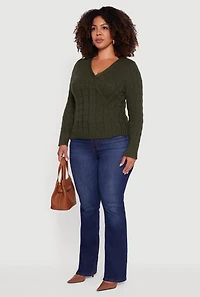 Womens Plus Cable Knit Faux Wrap Sweater, Green,