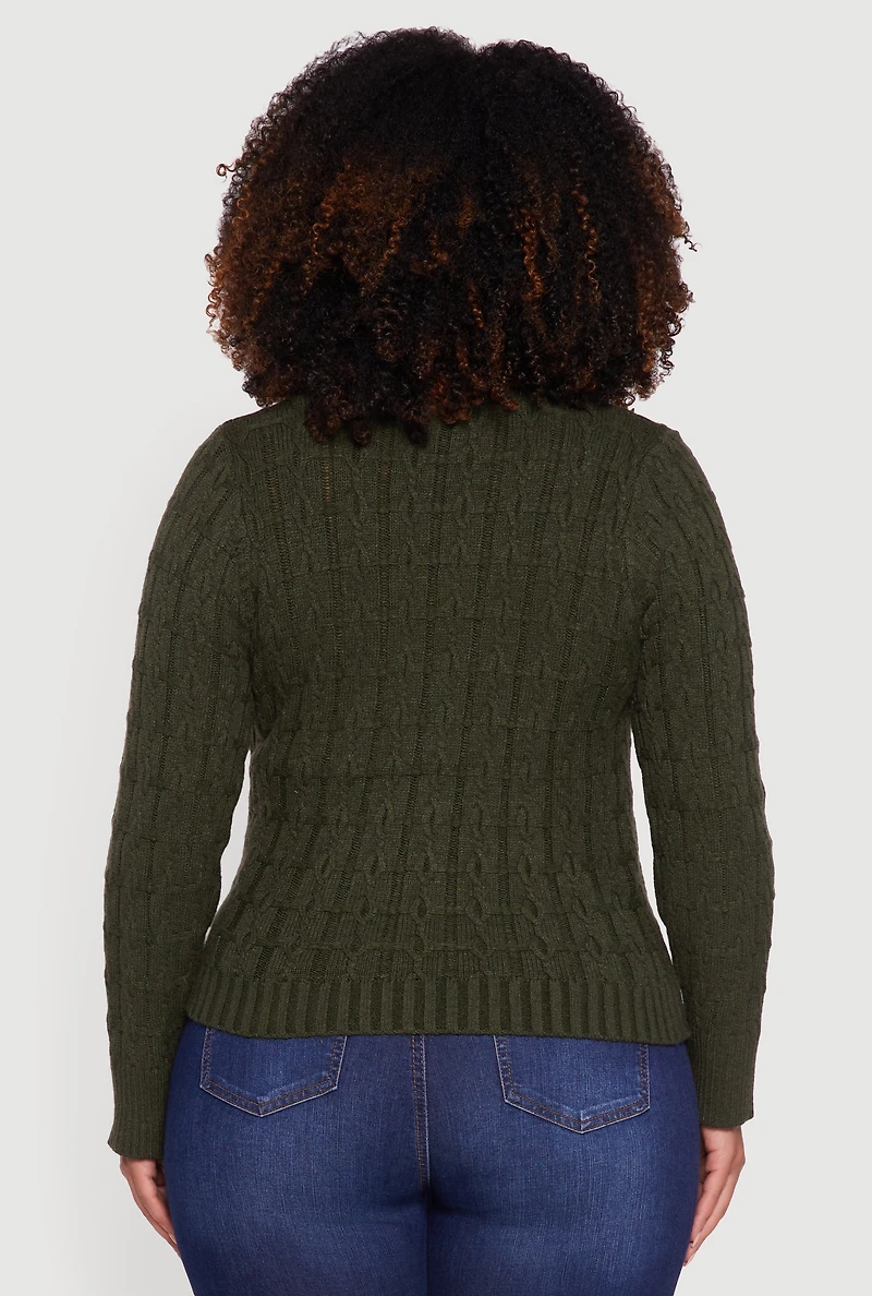 Womens Plus Size Cable Knit Faux Wrap Sweater, Green, Size 3X