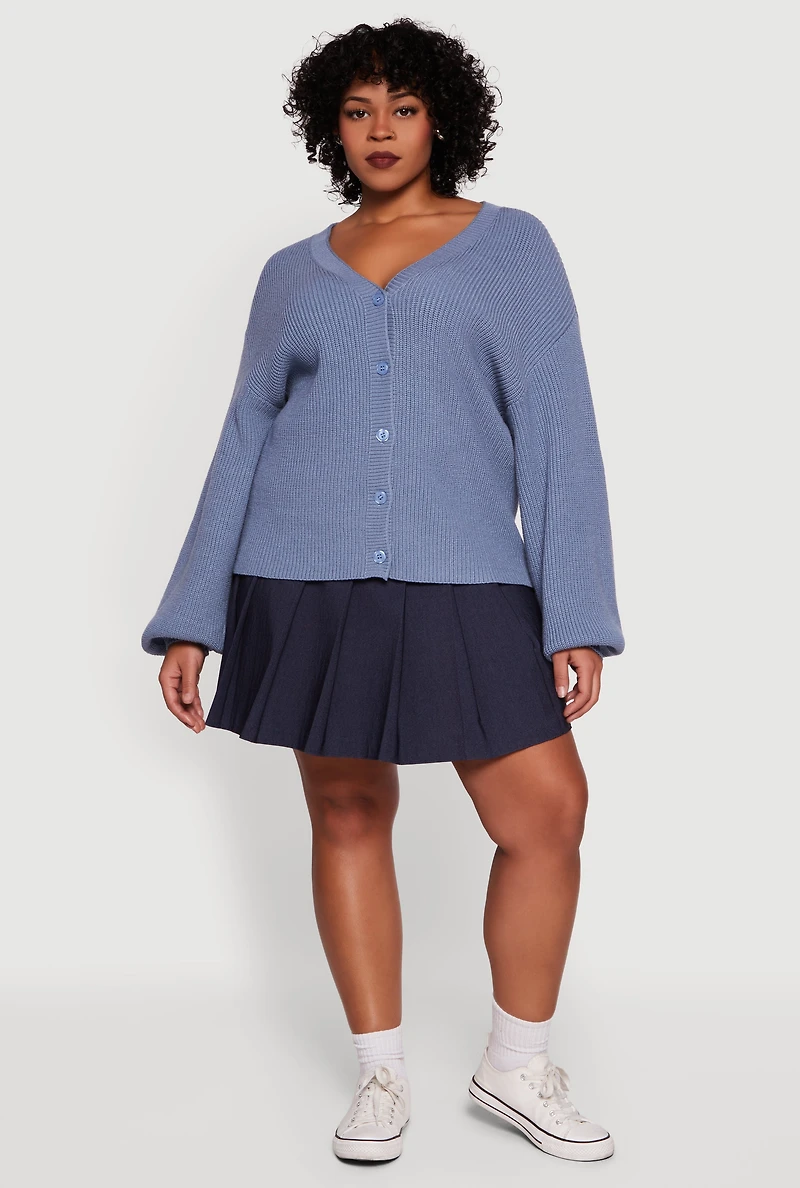 Womens Plus Size Knitted Button Front Cardigan, Blue, Size 2X
