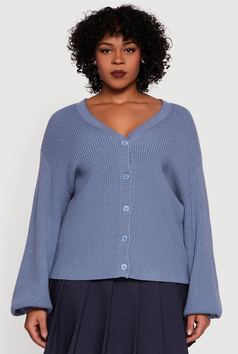 Womens Plus Size Knitted Button Front Cardigan, Blue, Size 2X