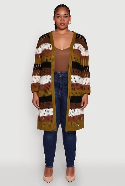 Womens Plus Size Trendy Striped Crochet Long Sleeve Duster, Multi, Size 3X