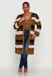Plus Trendy Striped Crochet Long Sleeve Duster