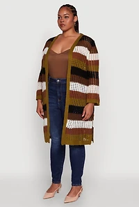 Plus Trendy Striped Crochet Long Sleeve Duster