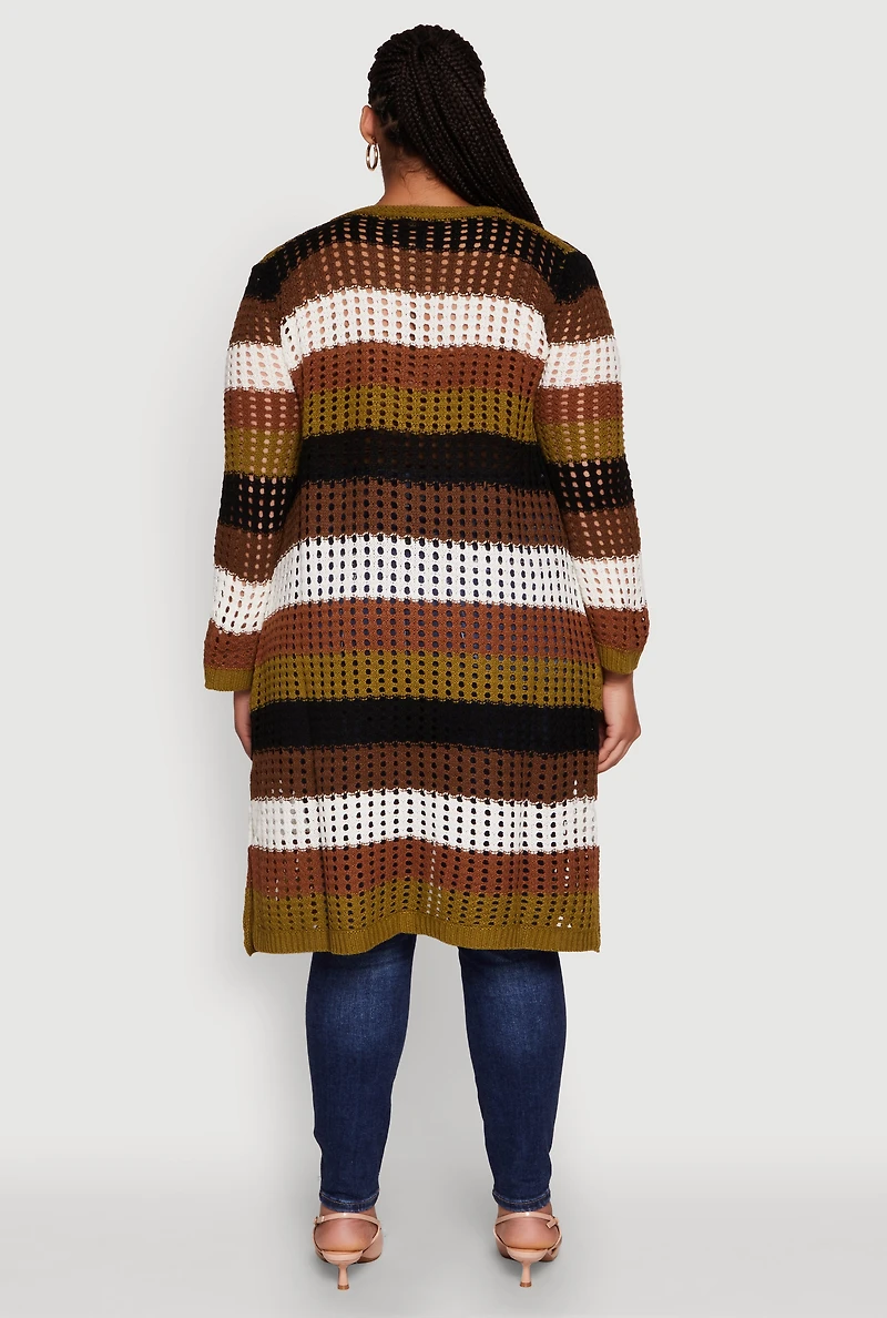 Plus Trendy Striped Crochet Long Sleeve Duster