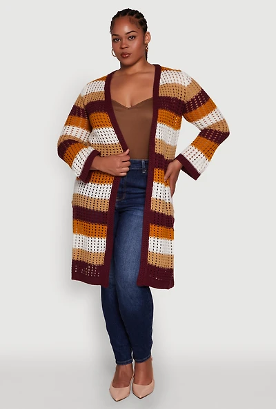 Womens Plus Trendy Striped Crochet Long Sleeve Duster, Multi,