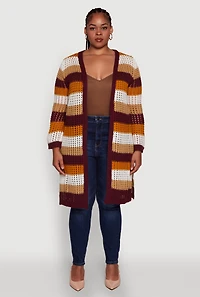 Womens Plus Size Trendy Striped Crochet Long Sleeve Duster, Multi, Size 3X