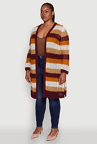 Womens Plus Size Trendy Striped Crochet Long Sleeve Duster, Multi, Size 3X