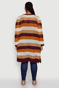 Womens Plus Trendy Striped Crochet Long Sleeve Duster, Multi,