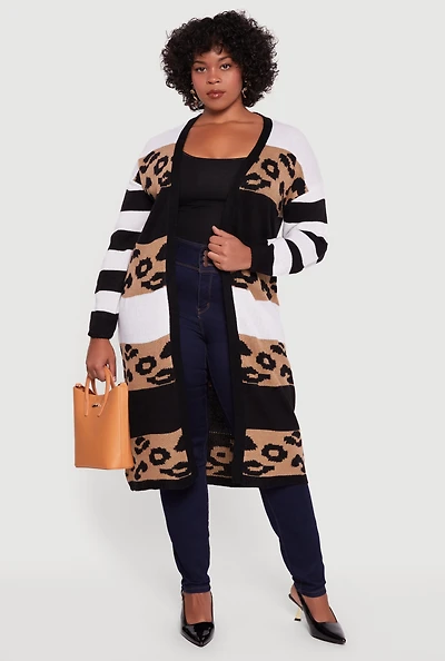 Plus Color Block Animal Print Open Front Long Cardigan