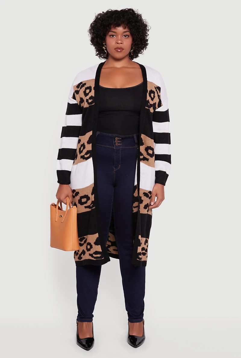 Womens Plus Color Block Animal Print Open Front Long Cardigan, Multi,