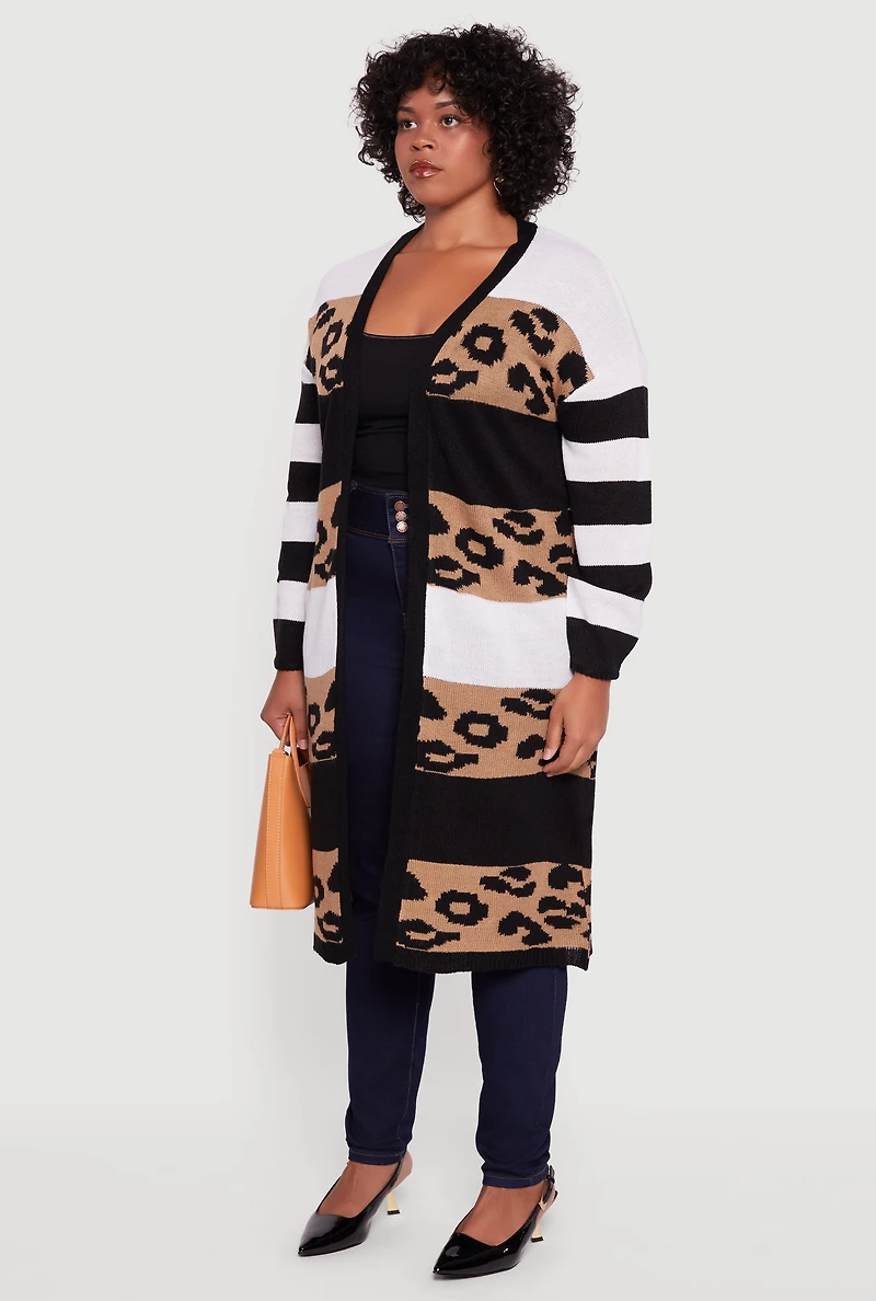 Womens Plus Color Block Animal Print Open Front Long Cardigan, Multi,