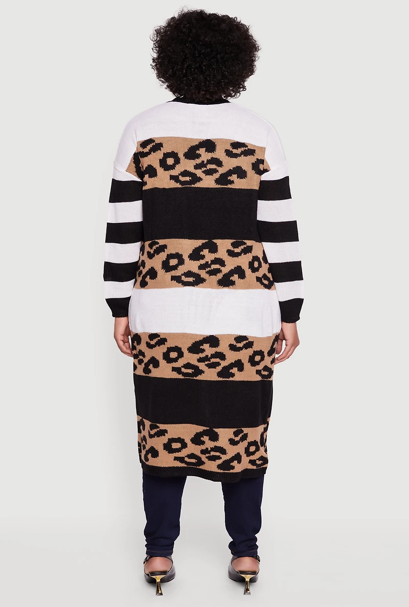 Womens Plus Color Block Animal Print Open Front Long Cardigan, Multi,