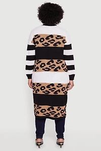Womens Plus Color Block Animal Print Open Front Long Cardigan, Multi,