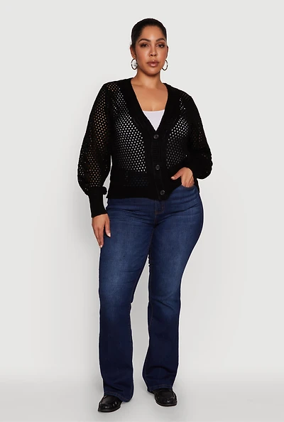 Womens Plus Crochet Long Sleeve Button Front Cardigan,