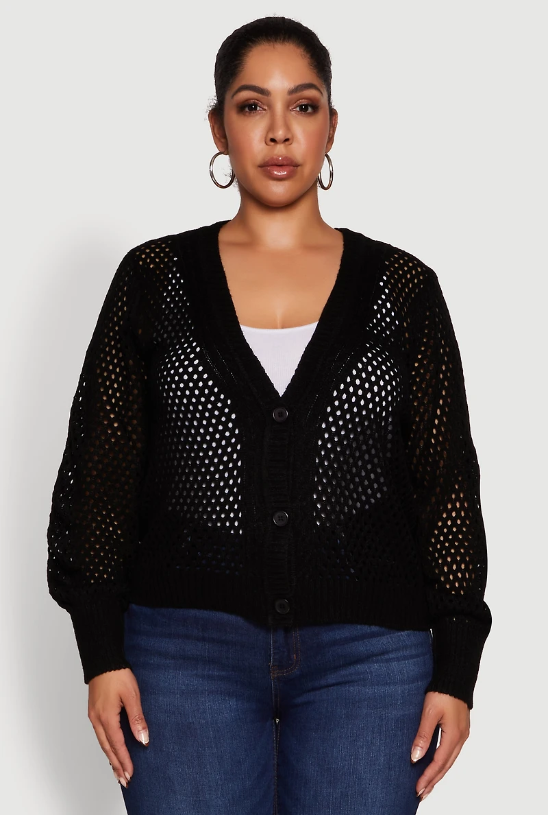 Womens Plus Size Crochet Long Sleeve Button Front Cardigan, Black, Size 3X