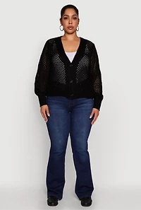 Womens Plus Size Crochet Long Sleeve Button Front Cardigan, Black, Size 3X