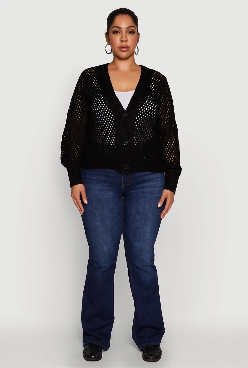 Womens Plus Size Crochet Long Sleeve Button Front Cardigan, Black, Size 1X