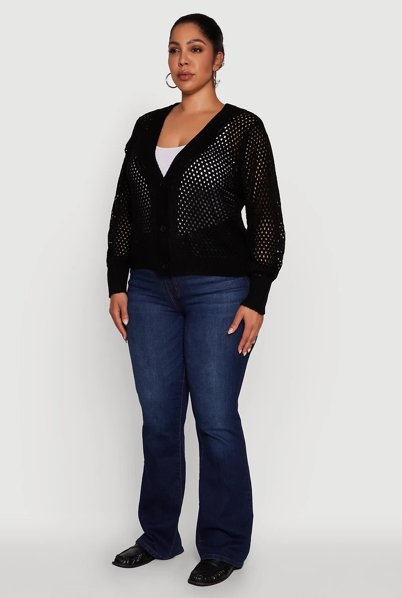 Womens Plus Size Crochet Long Sleeve Button Front Cardigan, Black, Size 3X